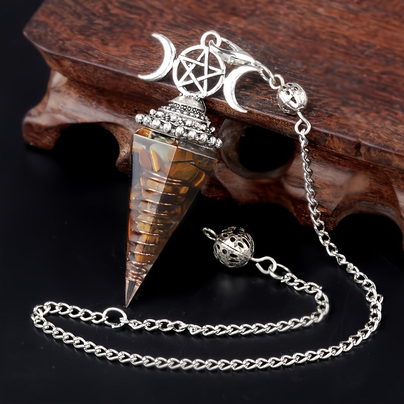1PC Seven Chakra Gravel Resin Artificial Crystal Pendant, Divination Moon Chakra Hexagonal Cone Pendulum