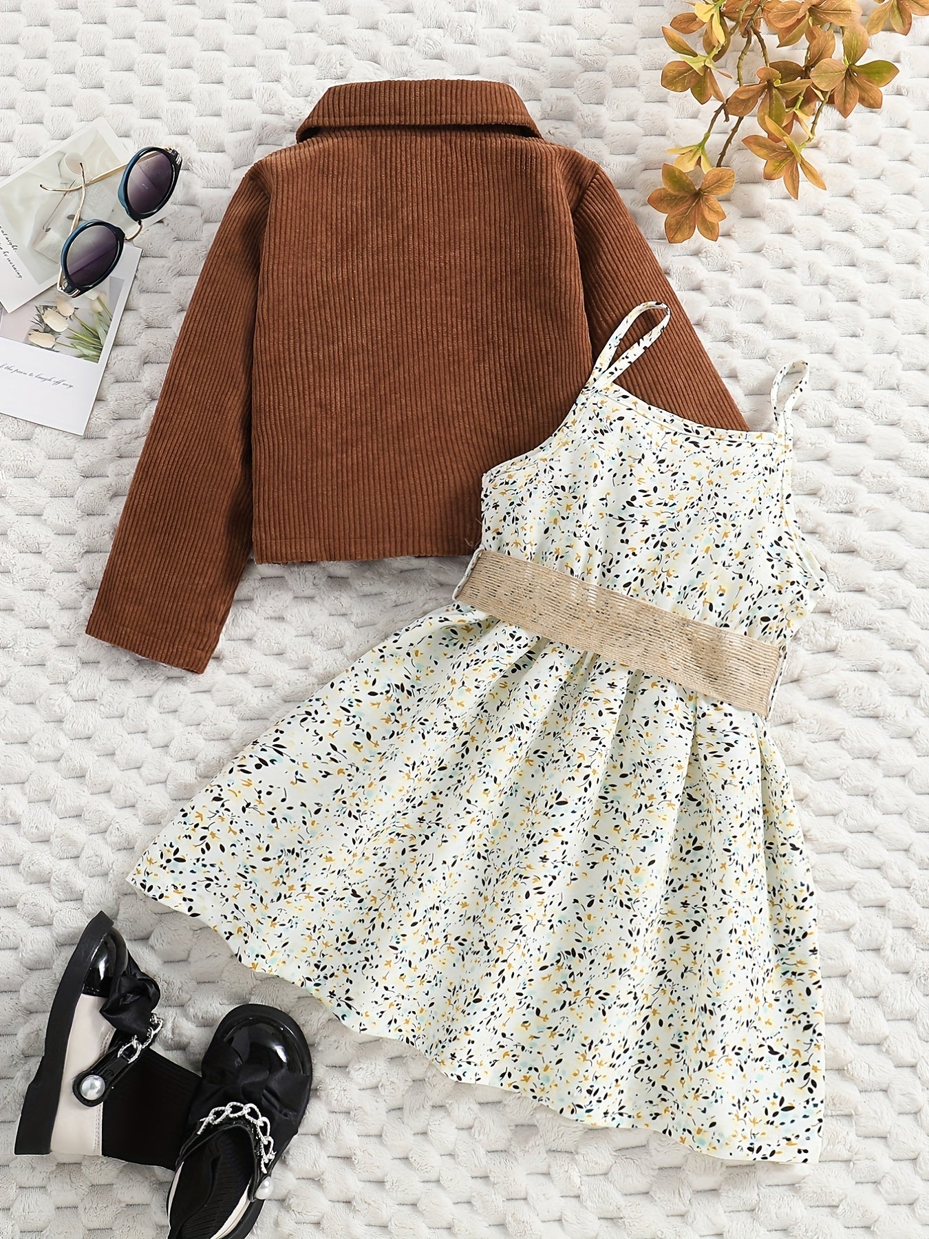 Girl's Casual Outfit 2pcs, Corduroy Jacket & Floral Pattern Dress Set, Kid's Clothes For Spring Autumn Summer