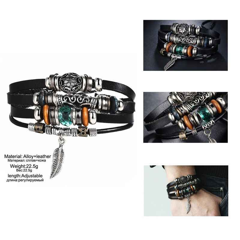 2 pcs Tibet Stone Feather Multilayer Leather Bracelet Eye Fish Charms Beads Bracelets for Men Vintage Punk Wrap Wristband - Pedlar's Attic