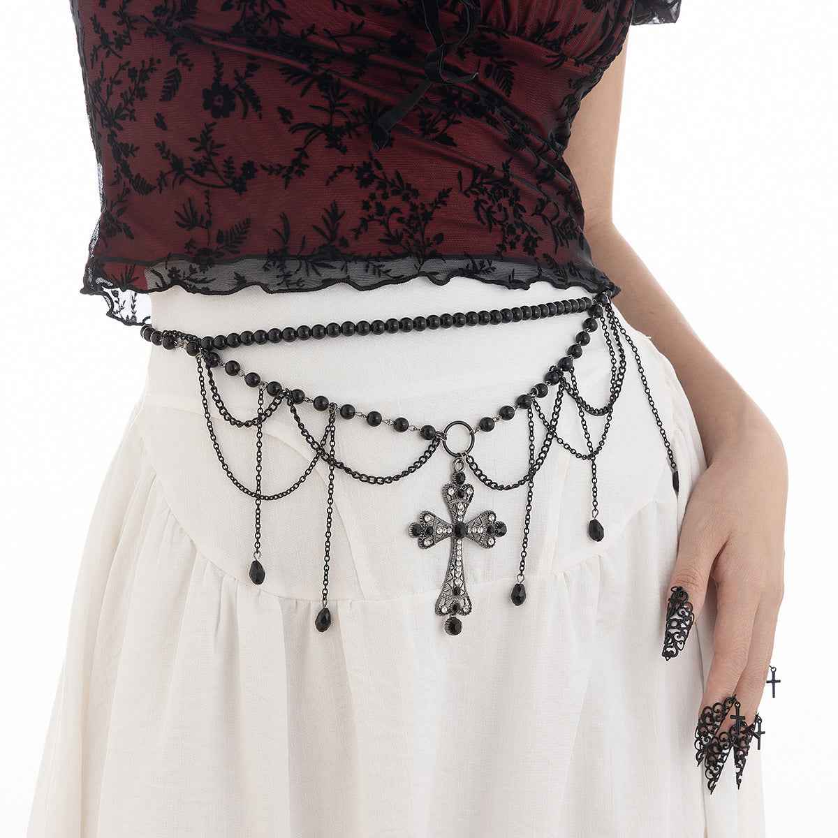 Dark Wind Cross Iron Chain Waist Chain Multi layer Versatile Tassel Crystal Body Chain Female - Pedlar's Attic