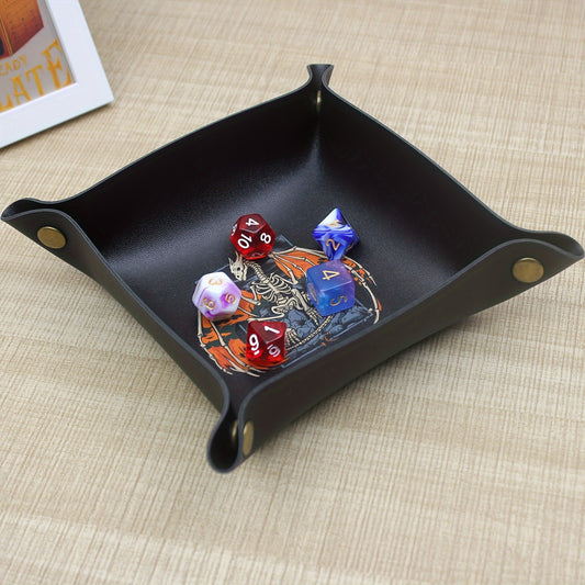 Unique Skeleton Dragon Design Black PU Leather Dice Tray - Durable Creative Gaming Accessory and Tabletop Organizer for Role-Playing Games
