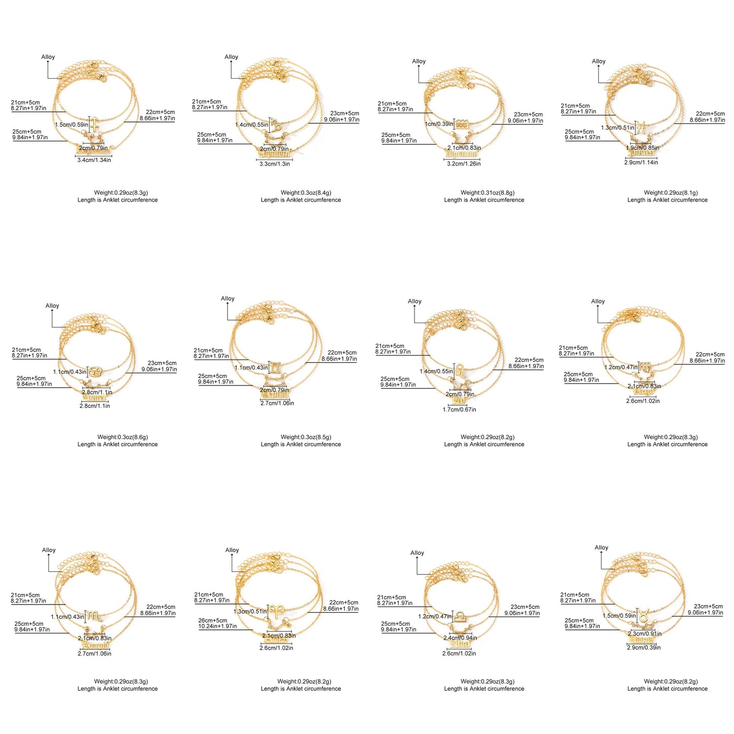 3 Pieces/ Set Golden Zodiac Anklets Set, Bohemian Elegant Ladies Multi-Piece Chain, Fashion Astrological Sign Charms For Women
