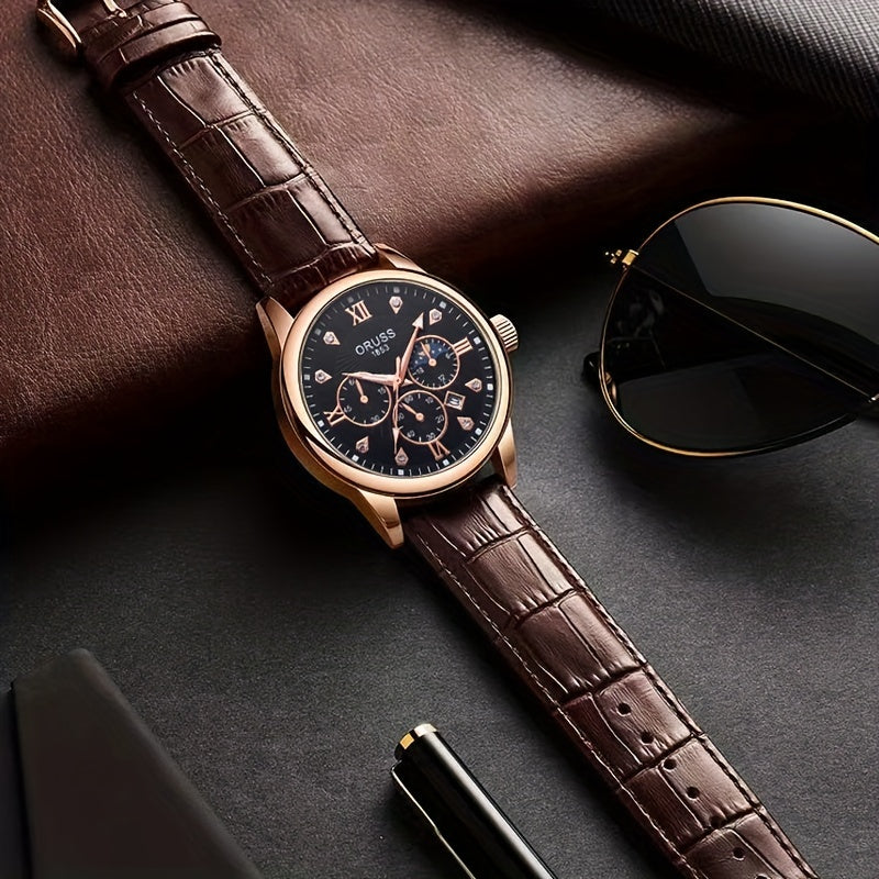 Mens Round Quartz Watch - Funky PU Leather Strap, Non-Waterproof, Electronic Pointer Display, Alloy Case, Ideal Gift for College Gentleman