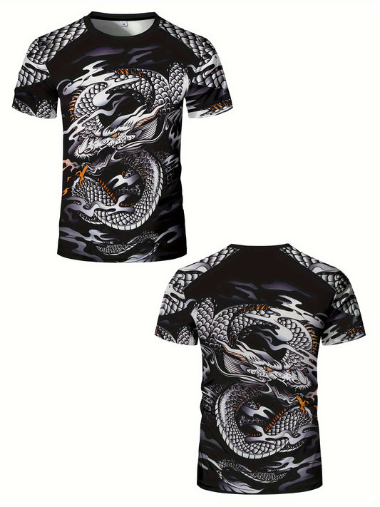 Men's Dragon Fit T-Shirt - Breathable Compression Shirt for Running, Shaping, Cycling - Comfy Muscle Tee with Athletic Print for Active Men