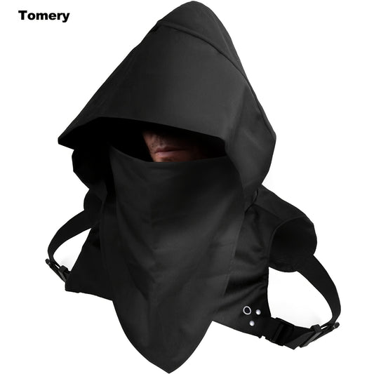 Black Cyberpunk Assassin Hood Scarf - Street Style Acrylic Cloak Hat with Adjustable Straps for Cosplay & Outdoor Adventures
