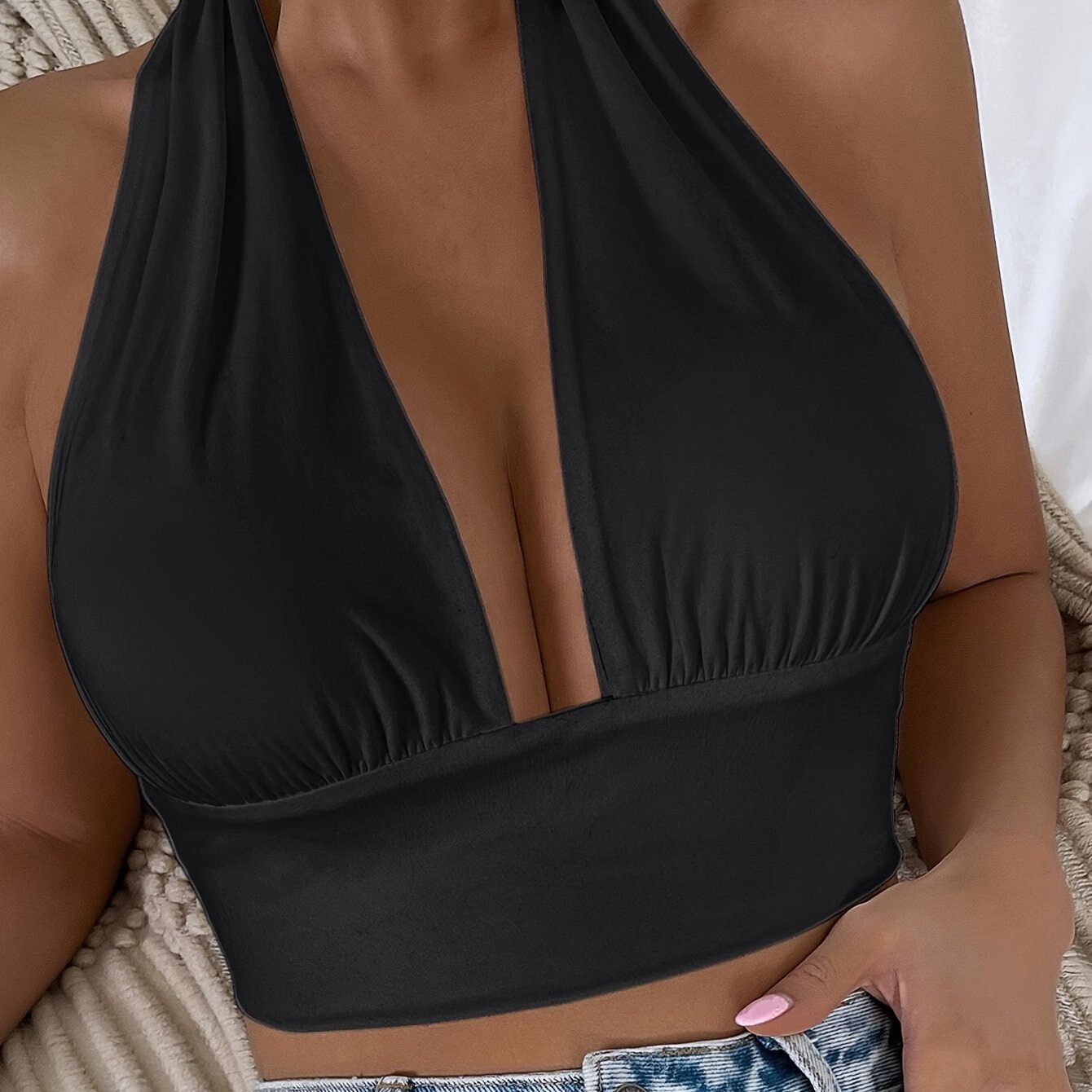 1pc Elegant Orange Halter Neck Backless Crop Top - High Stretch, Deep V-Neckline, Sleeveless Tank for Women, Perfect for Casual or Stylish Outfits, Casual Chic Top | Backless Dress | Stretchy Fabric