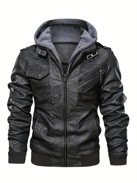 Men's Premium Hooded Jacket - Black, Regular Fit, Polyester Lining, Zip-Up, Multiple Pockets, Easy Care, Long Sleeve, Casual Style