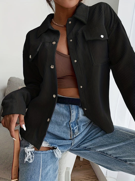 Long Sleeve Corduroy Bomber Jacket - Classic Lapel Collar, Button Front, Single Breasted, Split Sleeve, Regular Fit - Perfect for Weekend Casual, Spring/Fall Season