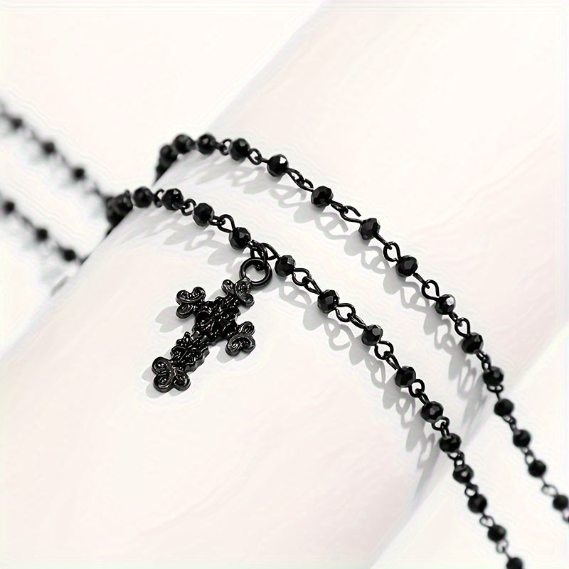 Vintage Sweet Gothic Double Layered Cross Crystal Necklace For Women, Retro Style, Elegant Accessory, Black Jewelry, Fashion Statement, Adjustable Chain