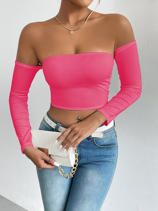 Solid Color Off-shoulder Crop Top, Sexy Long Sleeve Slim Top, Women's Clothing