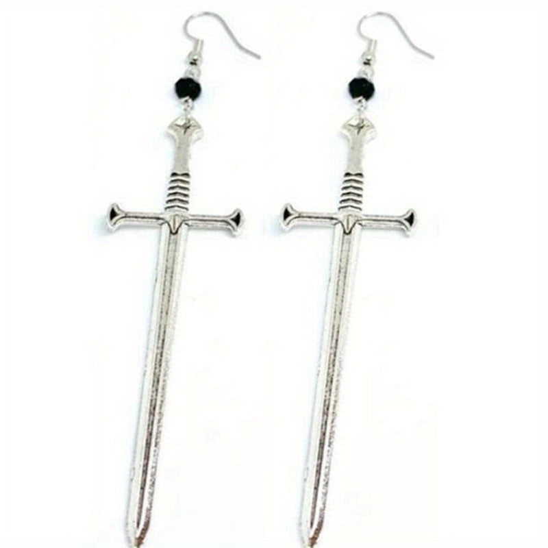 Dark Punk Vintage Silvery Cross Sword Dangle Earrings Long Gothic Medieval Exaggerated Dagger Cool Fashion Women Mystical Jewelry Gifts