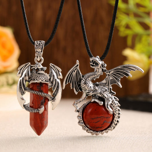 2pcs/set Synthetic Crystal Dragon Necklace Pendants for Men And Women, Retro Cool Artificial Elf Stone Pendants, Christmas, Easter, Flying Dragon Pendant Gift Set