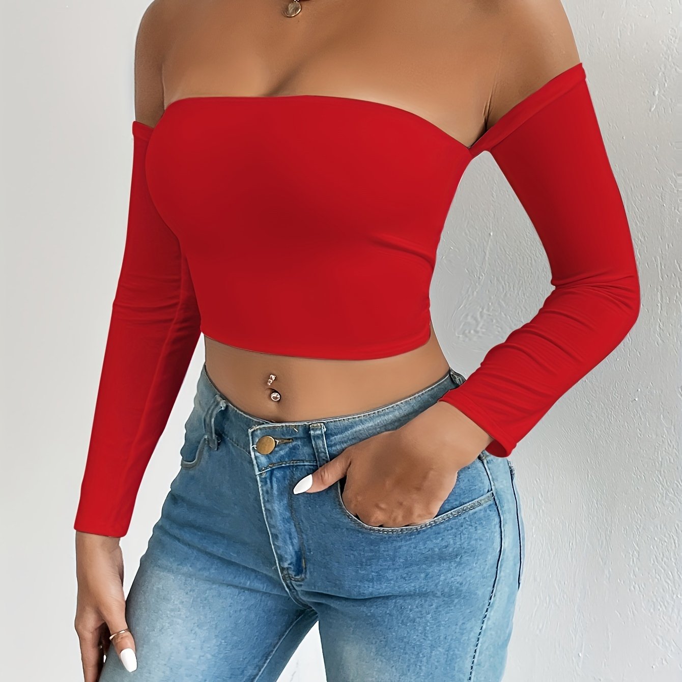 Solid Color Off-shoulder Crop Top, Sexy Long Sleeve Slim Top, Women's Clothing
