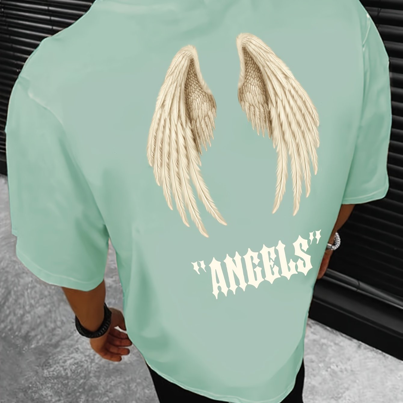 Mens Angel Wings Graphic Tee - Fashionable Casual Wear - Comfortable Solid Color Stretch Tee for Spring Summer - Lightweight Round Neck Design for Daily Style