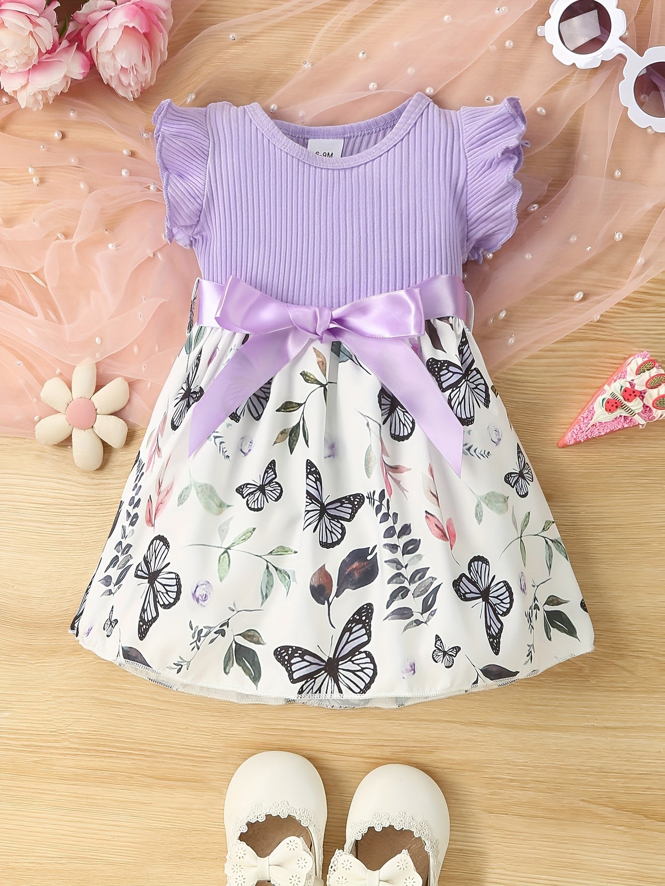 Baby Girls Cute Butterfly Graphic Print Ruffled Sleeve Belted Dress, Kids Summer Comfortable Clothes
