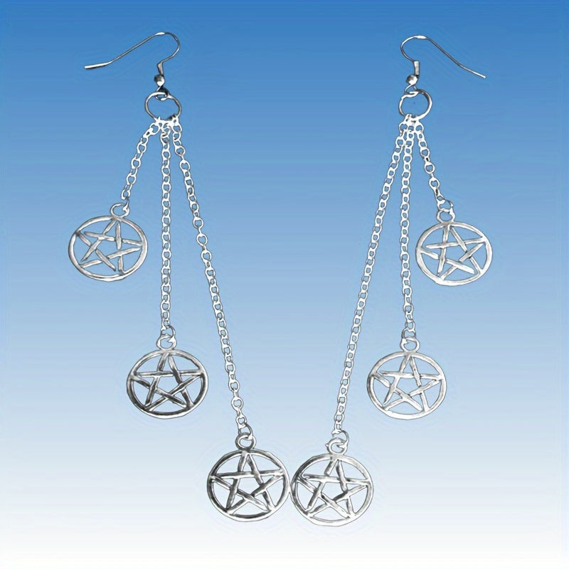 1pair Retro Gothic Pentagram Chain Dangle Earrings