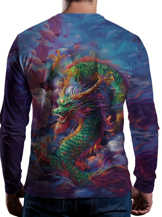 Men'S Long Sleeve Crew Neck T-Shirt, Casual Polyester Knit Fabric with Slight Stretch, All Over 3D Dragon Print, for Spring/Fall