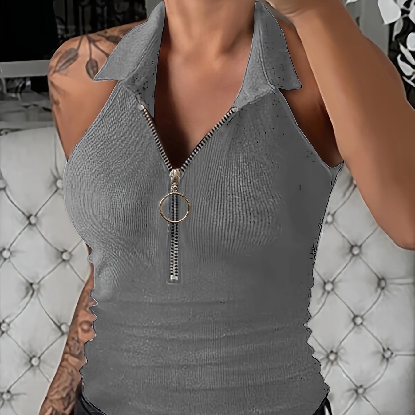 Sexy Ribbed Half Zip Up Tank Top - Sleeveless Summer Essential with Comfortable Fit, Breathable Fabric, and Flattering Design - Women's Clothing for Warm Weather