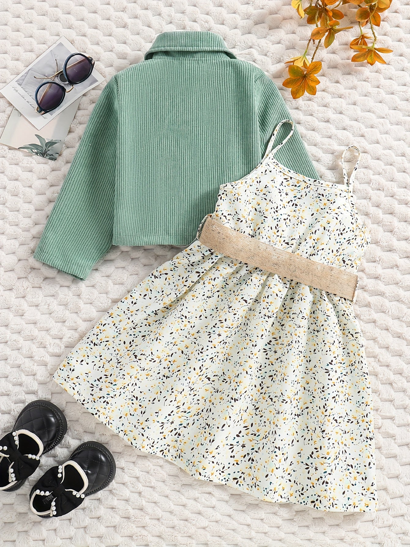 Girl's Casual Outfit 2pcs, Corduroy Jacket & Floral Pattern Dress Set, Kid's Clothes For Spring Autumn Summer