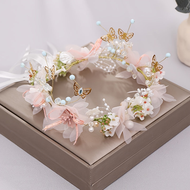 Delicate Butterfly Flower Headband - Handmade Floral Wreath Crown for Flower Girl, Bridal Hair Accessories, Wedding Party Supplies, Soft Fabric, Adjustable One-Size-Fits-All Design
