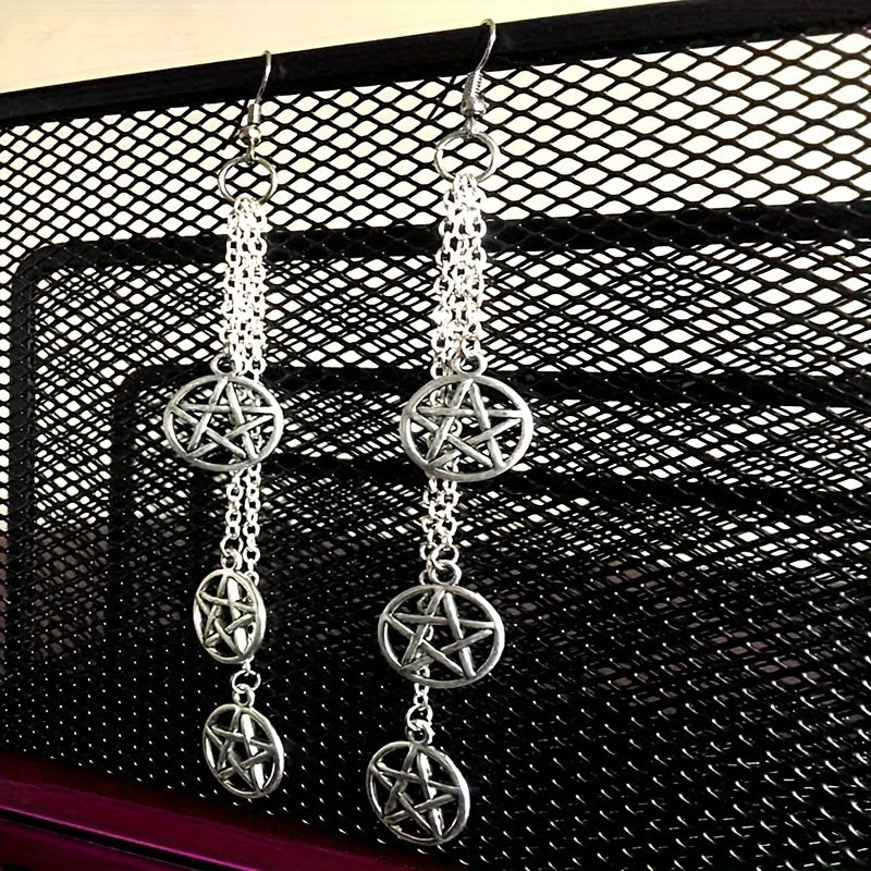 1pair Retro Gothic Pentagram Chain Dangle Earrings