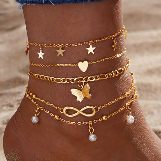Butterfly Pearl Five-pointed Star Infinity Symbol Love Foot Chain 4pcs Set