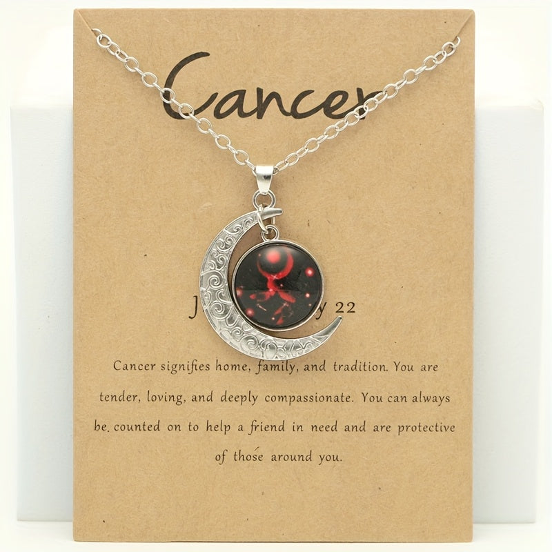 1pc Retro Glow-in-the-Dark Zodiac Moon Pendant Necklace - Vintage Style, Zinc Alloy with Glass Accents, Adjustable Chain for Women - Ideal for Daily Wear & Gifting, Zodiac Jewelry, Gift Jewelry, Vintage Jewelry, Durable Jewel