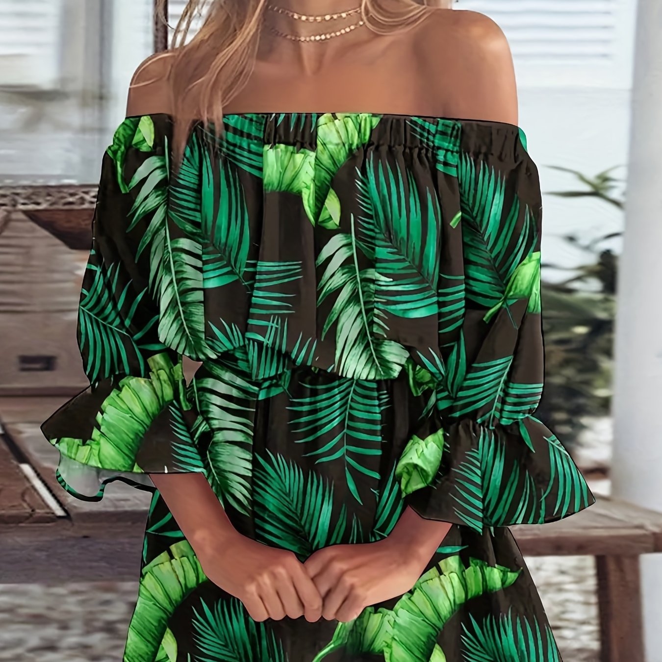 Elegant Summer Boho Dress - Off-Shoulder Leaf Print with Sexy Backless Cut & Playful Ruffles, Durable & Comfort Fit