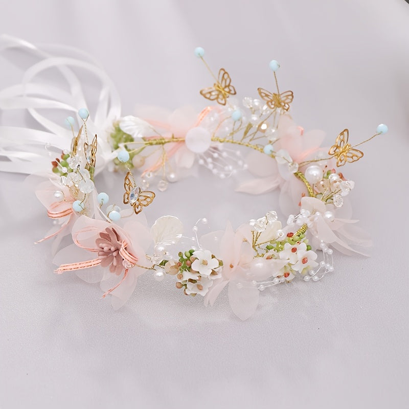 Delicate Butterfly Flower Headband - Handmade Floral Wreath Crown for Flower Girl, Bridal Hair Accessories, Wedding Party Supplies, Soft Fabric, Adjustable One-Size-Fits-All Design