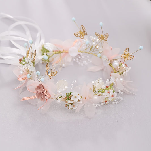 Delicate Butterfly Flower Headband - Handmade Floral Wreath Crown for Flower Girl, Bridal Hair Accessories, Wedding Party Supplies, Soft Fabric, Adjustable One-Size-Fits-All Design
