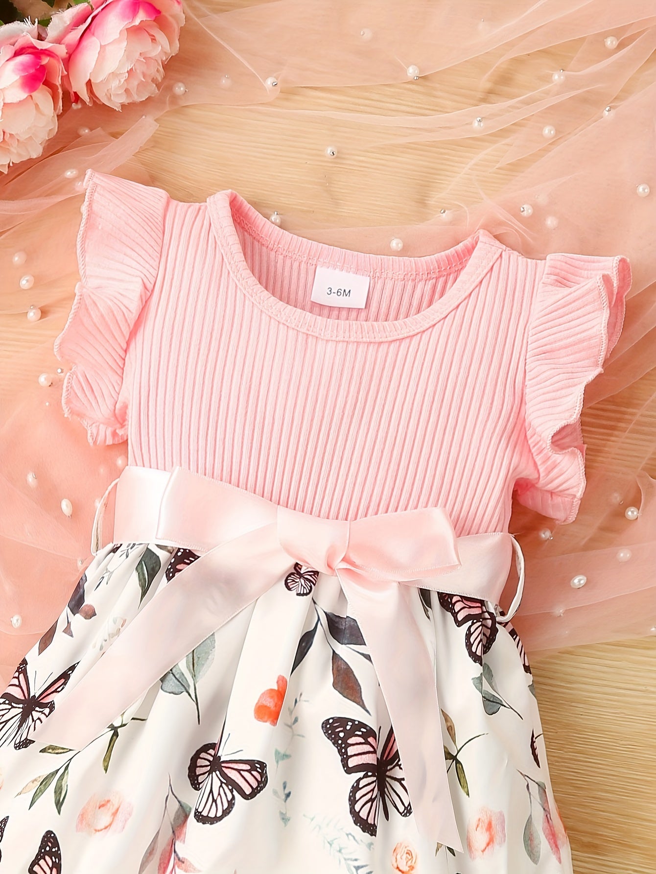 Baby Girls Cute Butterfly Graphic Print Ruffled Sleeve Belted Dress, Kids Summer Comfortable Clothes