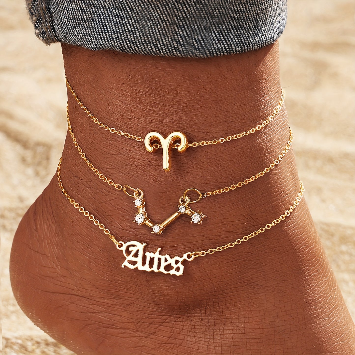 3 Pieces/ Set Golden Zodiac Anklets Set, Bohemian Elegant Ladies Multi-Piece Chain, Fashion Astrological Sign Charms For Women