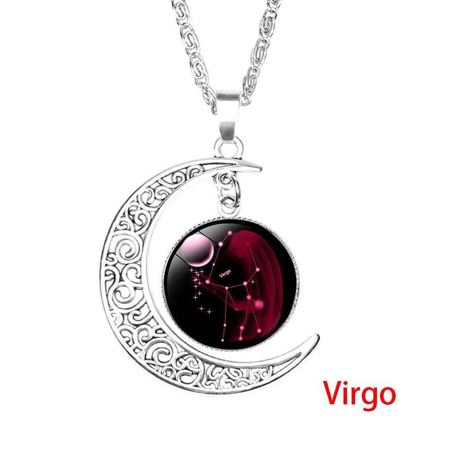 12 Zodiac Sign Pendant Necklace Glass Cabochon Double Galaxy Constellation Horoscope Astrology Necklace For Women Men Jewelry - Pedlar's Attic