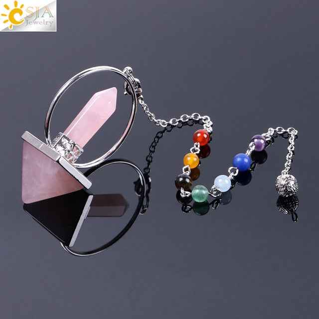 CSJA Reiki Healing 7 Chakra Natural Stone Pendulum for Dowsing Hexagonal Prism Pyramid White Pink Crystal Obsidian Pendants - Pedlar's Attic