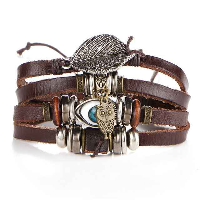 2 pcs Tibet Stone Feather Multilayer Leather Bracelet Eye Fish Charms Beads Bracelets for Men Vintage Punk Wrap Wristband - Pedlar's Attic