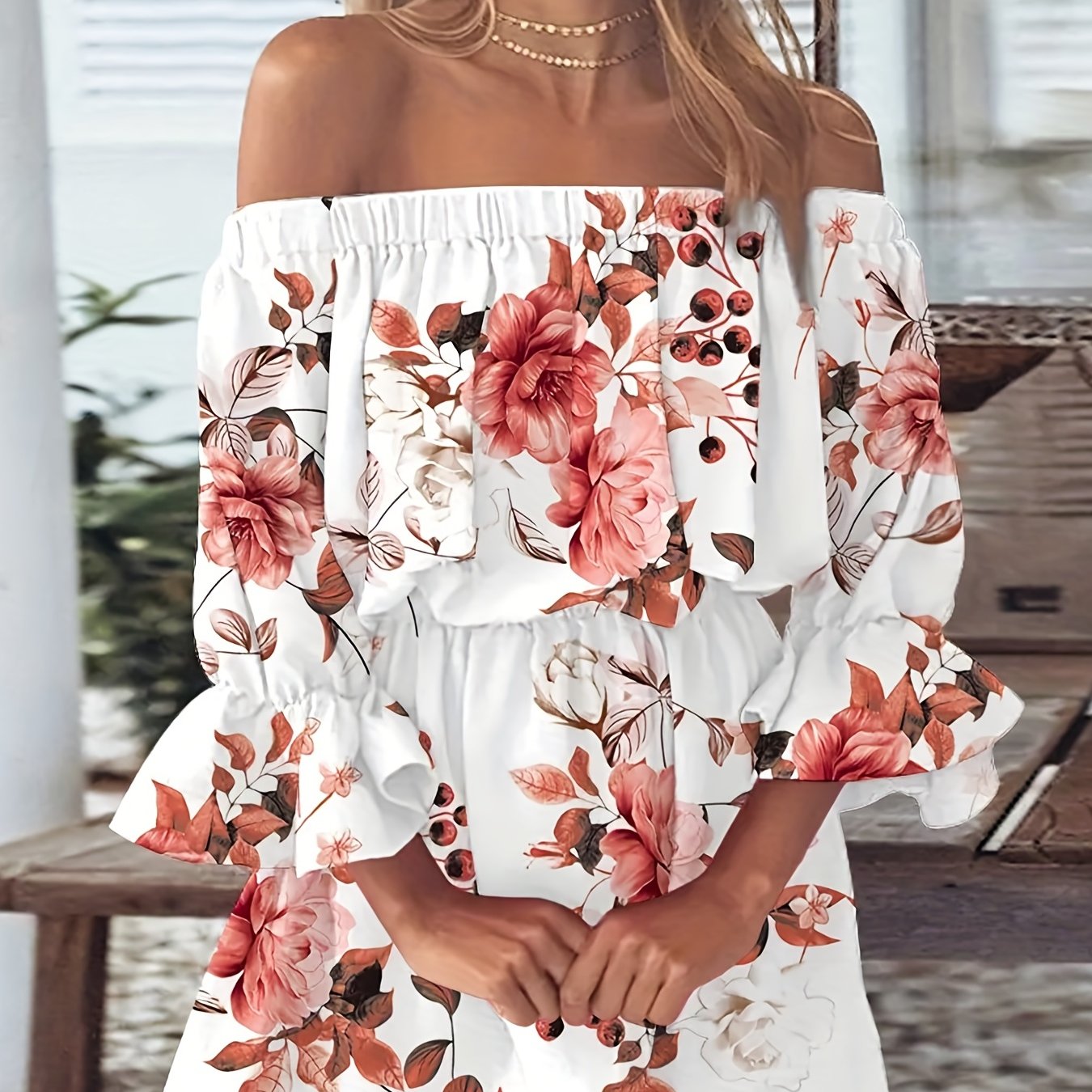 Elegant Summer Boho Dress - Off-Shoulder Leaf Print with Sexy Backless Cut & Playful Ruffles, Durable & Comfort Fit