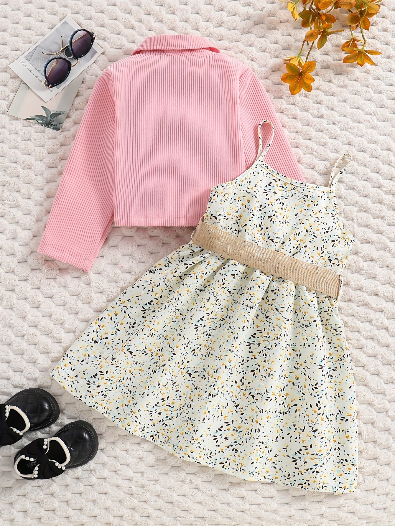 Girl's Casual Outfit 2pcs, Corduroy Jacket & Floral Pattern Dress Set, Kid's Clothes For Spring Autumn Summer