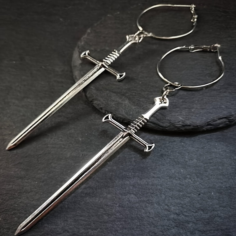 Dark Punk Vintage Silvery Cross Sword Dangle Earrings Long Gothic Medieval Exaggerated Dagger Cool Fashion Women Mystical Jewelry Gifts