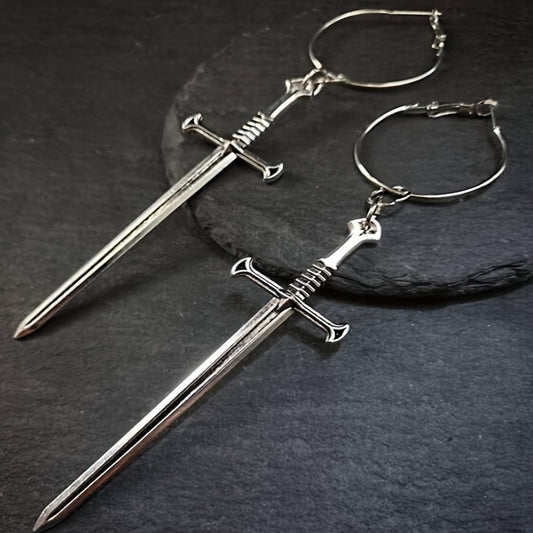 Dark Punk Vintage Silvery Cross Sword Dangle Earrings Long Gothic Medieval Exaggerated Dagger Cool Fashion Women Mystical Jewelry Gifts