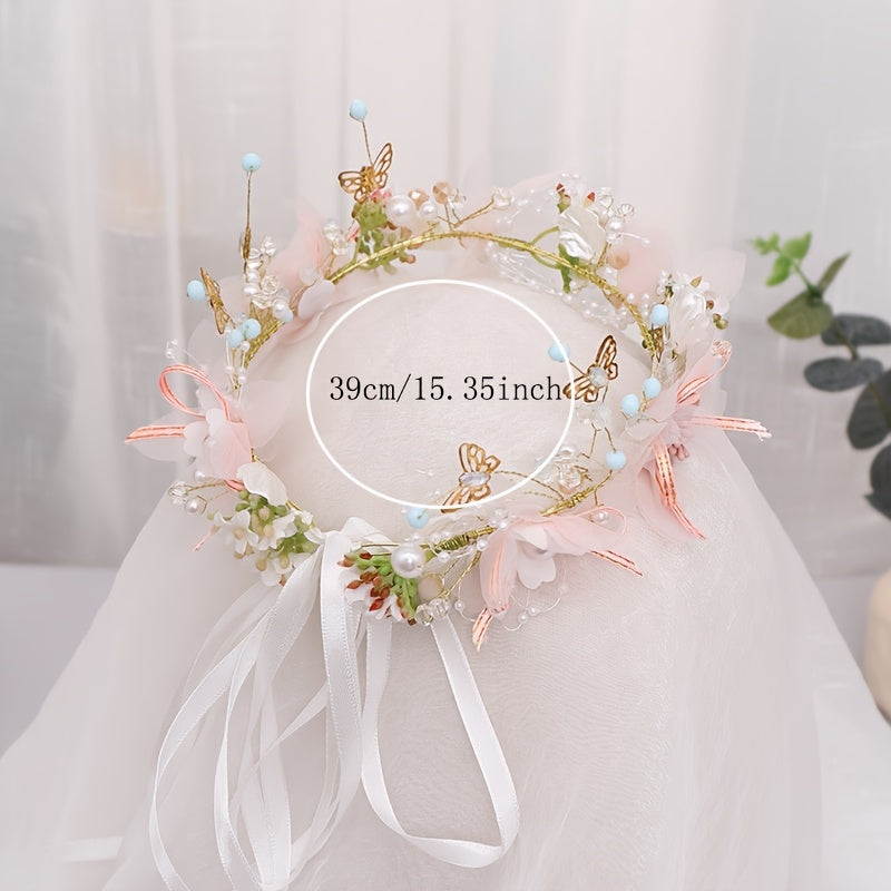 Delicate Butterfly Flower Headband - Handmade Floral Wreath Crown for Flower Girl, Bridal Hair Accessories, Wedding Party Supplies, Soft Fabric, Adjustable One-Size-Fits-All Design