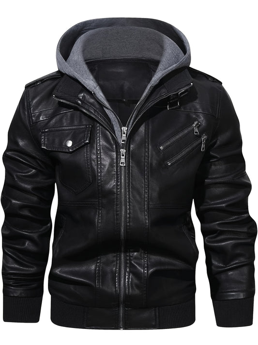 Men's Premium Hooded Jacket - Black, Regular Fit, Polyester Lining, Zip-Up, Multiple Pockets, Easy Care, Long Sleeve, Casual Style