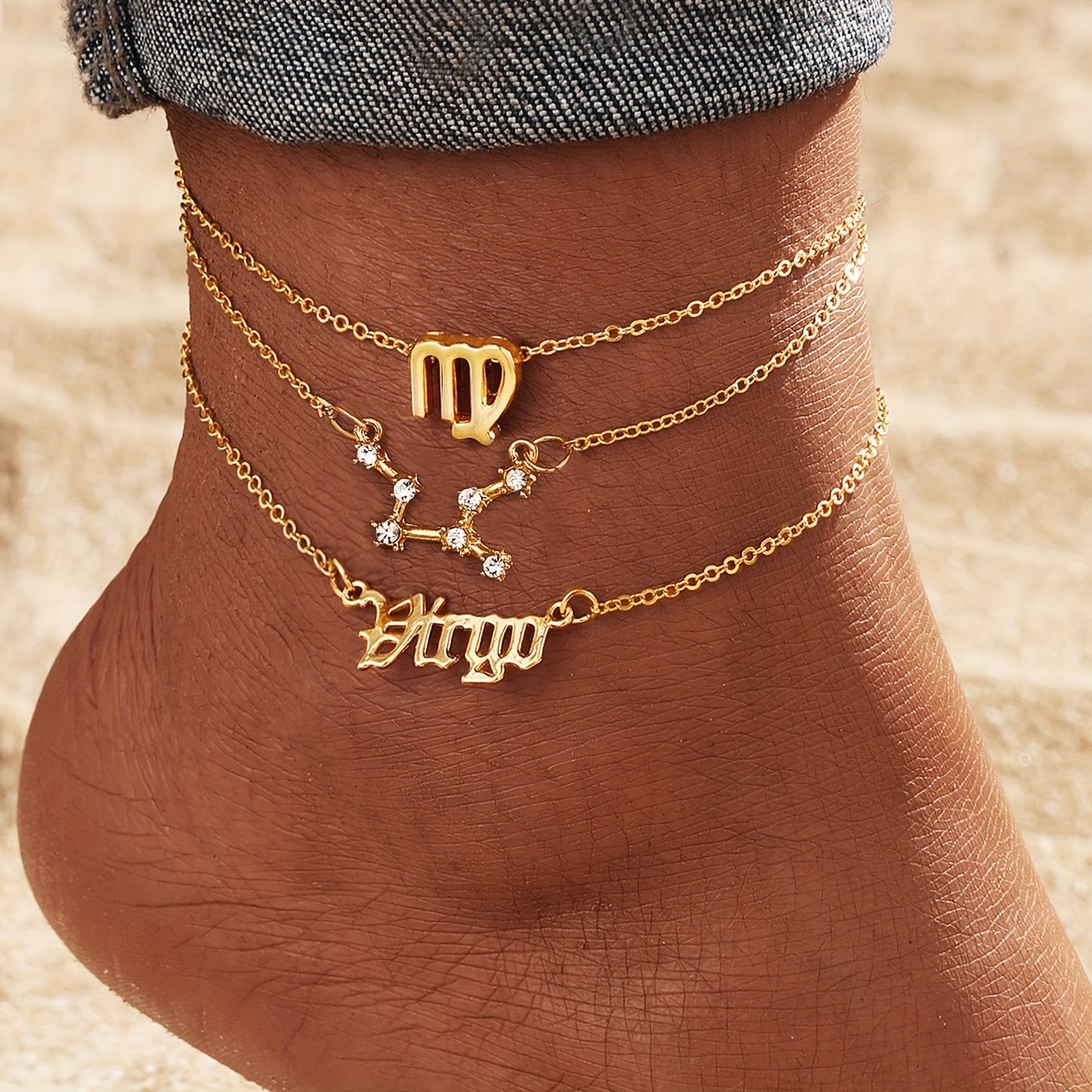 3 Pieces/ Set Golden Zodiac Anklets Set, Bohemian Elegant Ladies Multi-Piece Chain, Fashion Astrological Sign Charms For Women