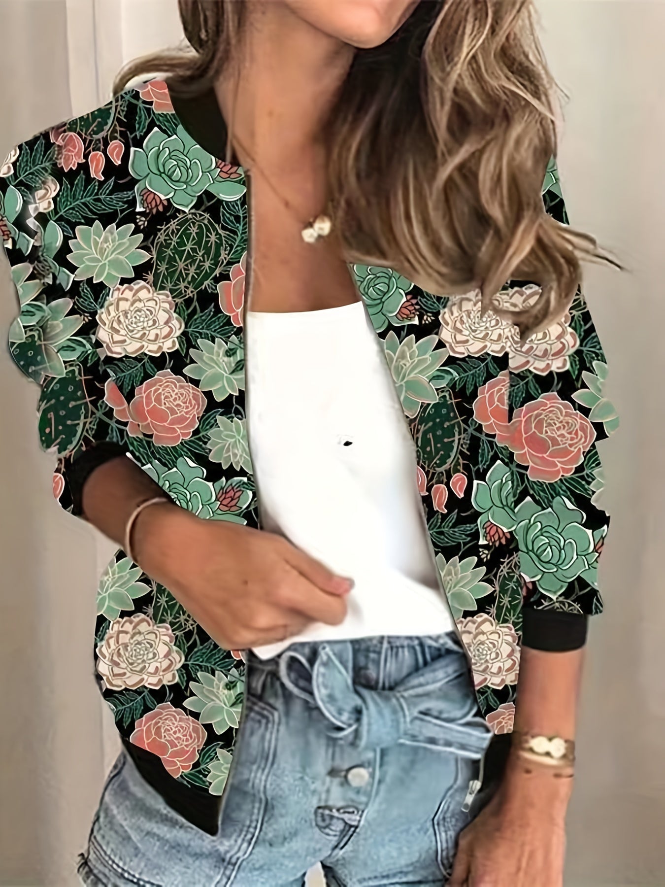 Graphic Print Zipper Jacket, Casual Baseball Neck Long Sleeve Outerwear, Women's Clothing
