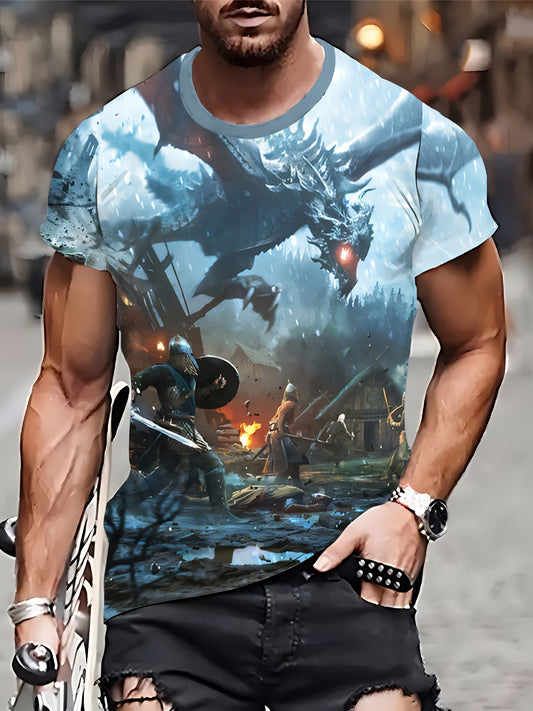 1pc Men'S Fantasy Dragon Battle 3D Print T-Shirt - Casual Crew Neck Short Sleeve Knit Polyester Tee with Slight Stretch - Graphic Novel Style Casual Wear