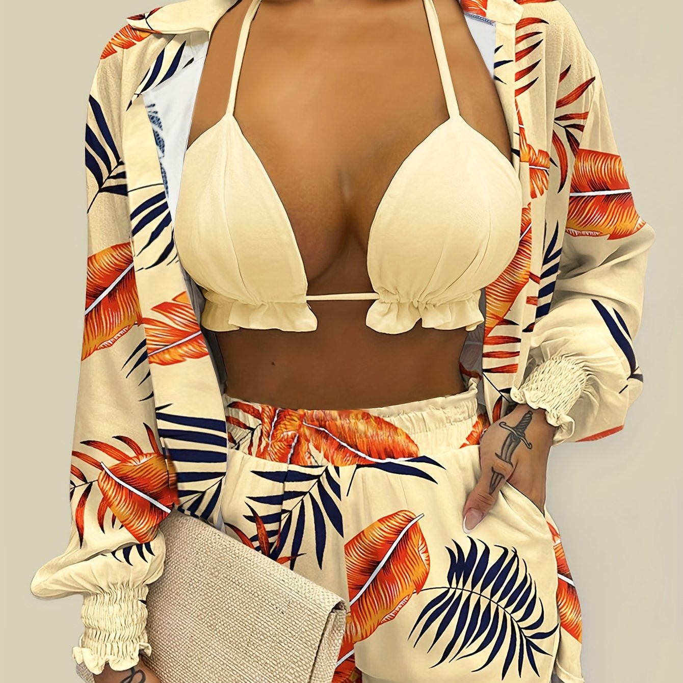 3pcs Vibrant Summer Women's Outfit: Sexy Red Halter Top & Floral Print Shorts Set with Sheer Long Sleeve Shirt - Polyester Blend, Machine Washable, Perfect for Vacation, Sexy, New Style, Print, 3pcs Set, Women's Clothing