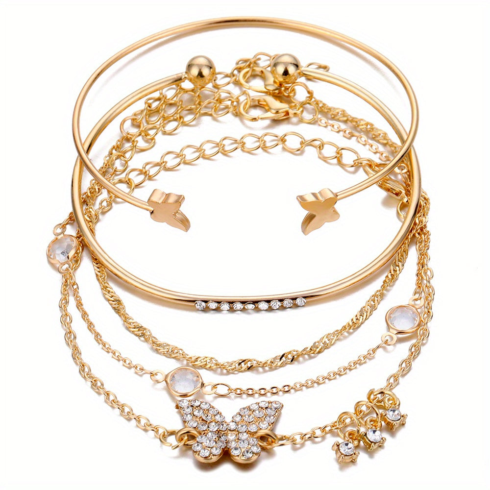 5pcs/Set Exquisite Butterfly-Shaped Rhinestone Cuff Bangle Jewelry for Women - Elegant and Simple Design, Perfect for Daily Wear, Gift-Giving, and Any Occasion - Alloy Material, Rhinestones Mosaic, Other Plating, Suitable for