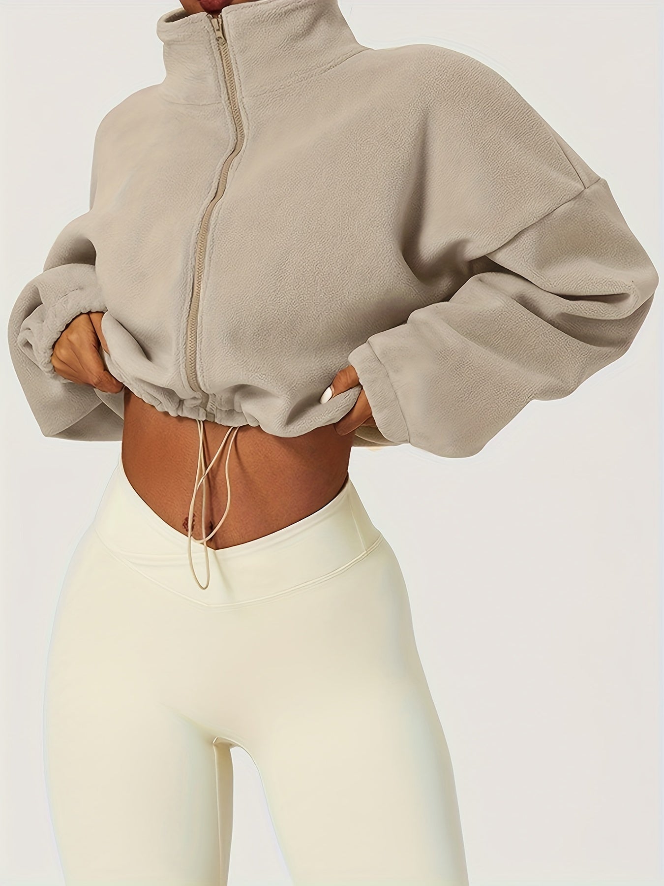 Chic Zip-Up Fleece Crop Jacket for Women - Stretch Comfort, Warm High Neck, Long Sleeve, Perfect for Sporty Outdoor Fall/Winter Activities