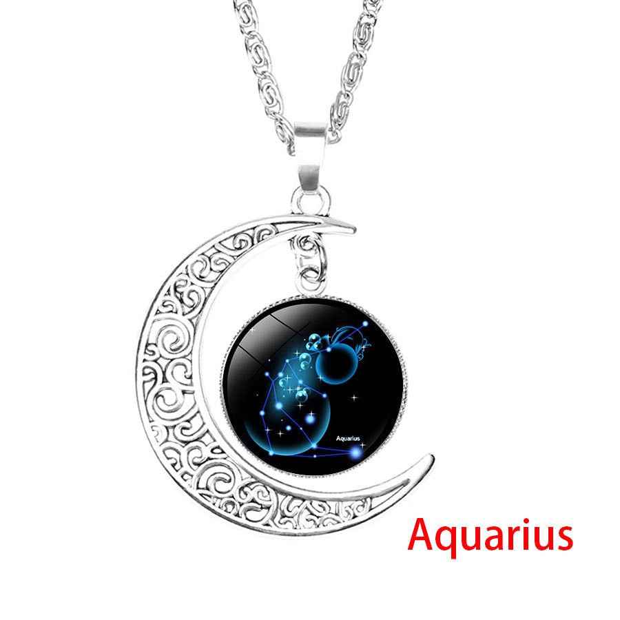 12 Zodiac Sign Pendant Necklace Glass Cabochon Double Galaxy Constellation Horoscope Astrology Necklace For Women Men Jewelry - Pedlar's Attic