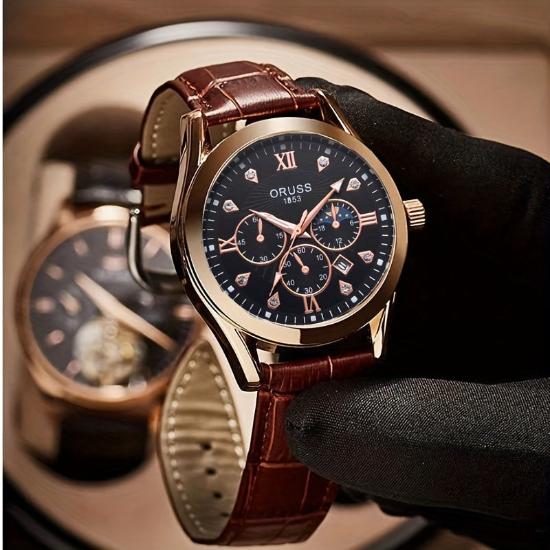 Mens Round Quartz Watch - Funky PU Leather Strap, Non-Waterproof, Electronic Pointer Display, Alloy Case, Ideal Gift for College Gentleman