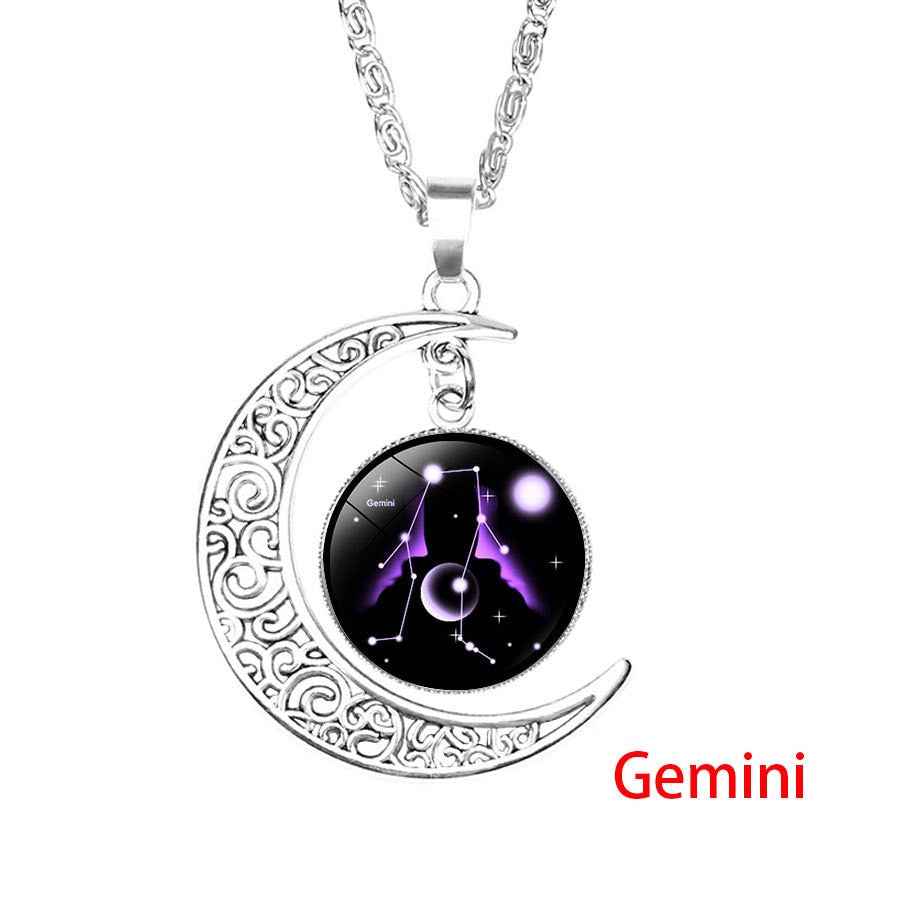 12 Zodiac Sign Pendant Necklace Glass Cabochon Double Galaxy Constellation Horoscope Astrology Necklace For Women Men Jewelry - Pedlar's Attic